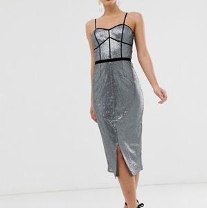 Little Mistress Silver Sequin Strap Midi Dress-NWT